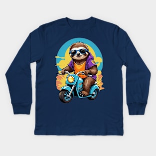Motorbike Riding Sloth Kids Long Sleeve T-Shirt